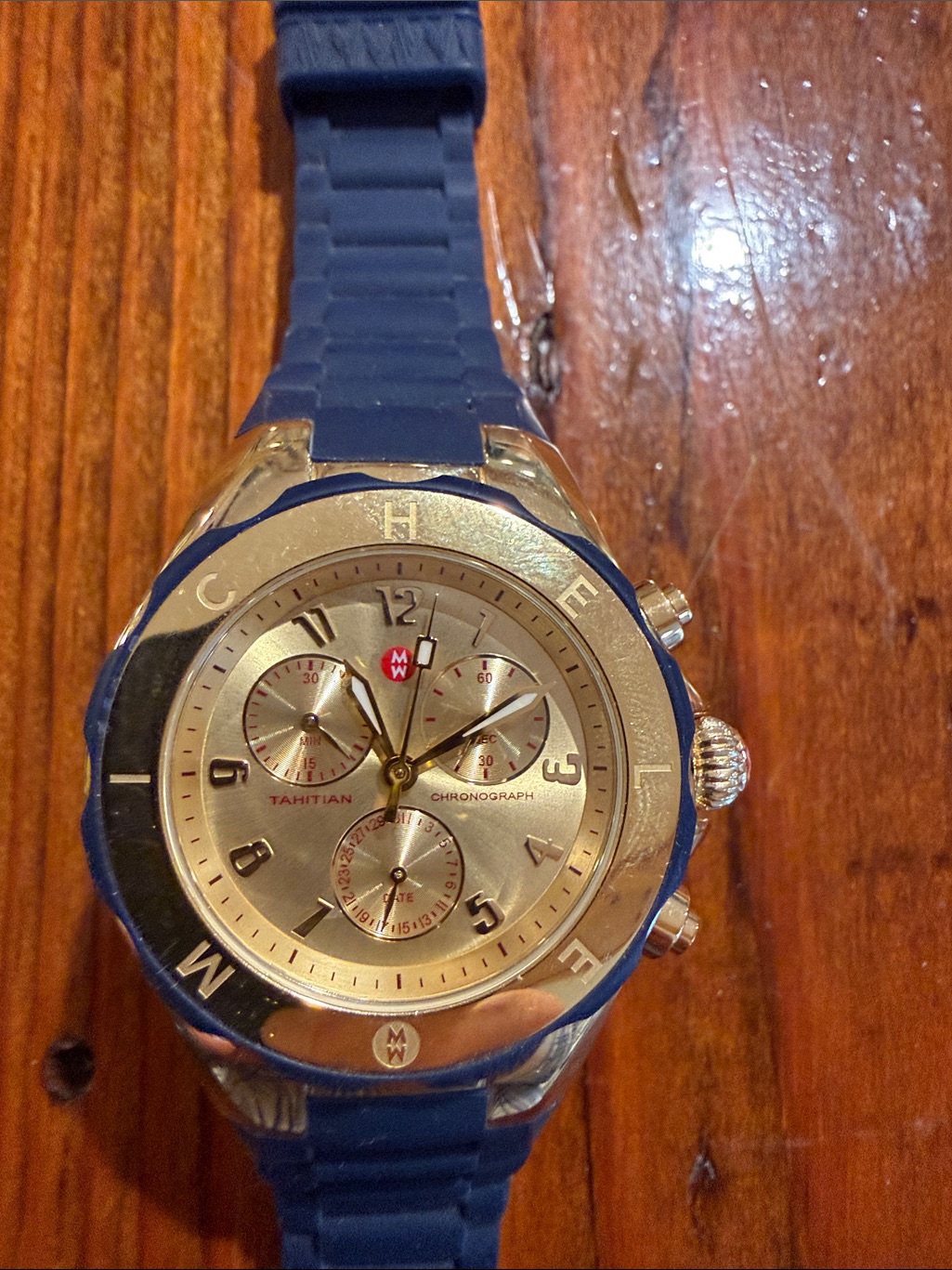 Michele Gold Dial Blue Strap Chronograph Watch